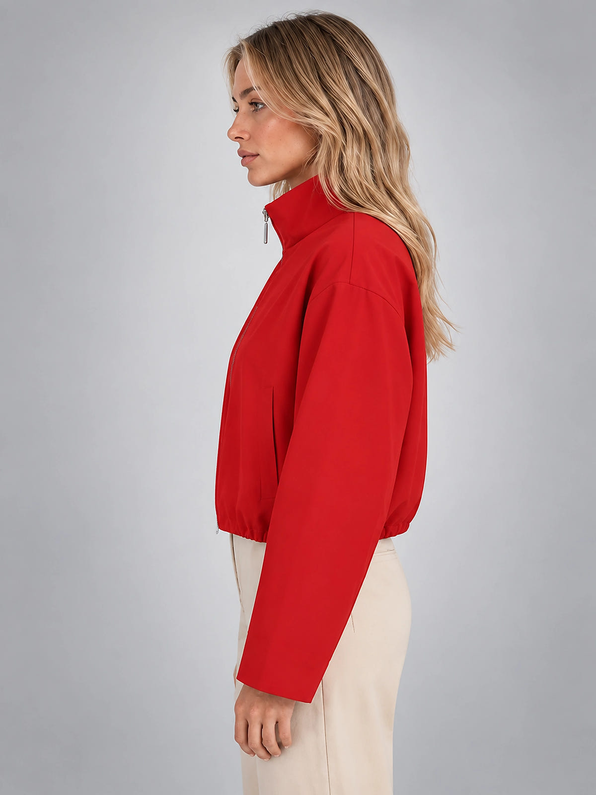 Women's Cropped Bomber Jacket – Funnel Neck Zip Front - Red
