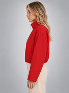 Women's Cropped Bomber Jacket – Funnel Neck Zip Front - Red