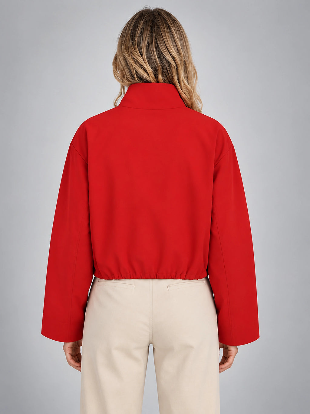 Women's Cropped Bomber Jacket – Funnel Neck Zip Front - Red