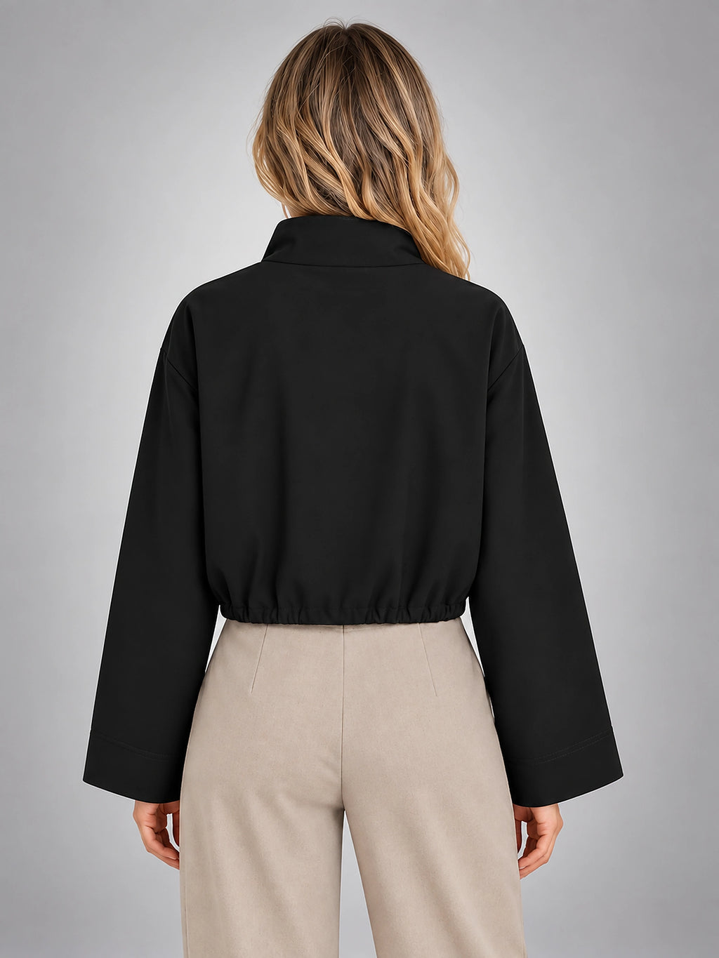 Women's Cropped Bomber Jacket – Funnel Neck Zip Front - Black