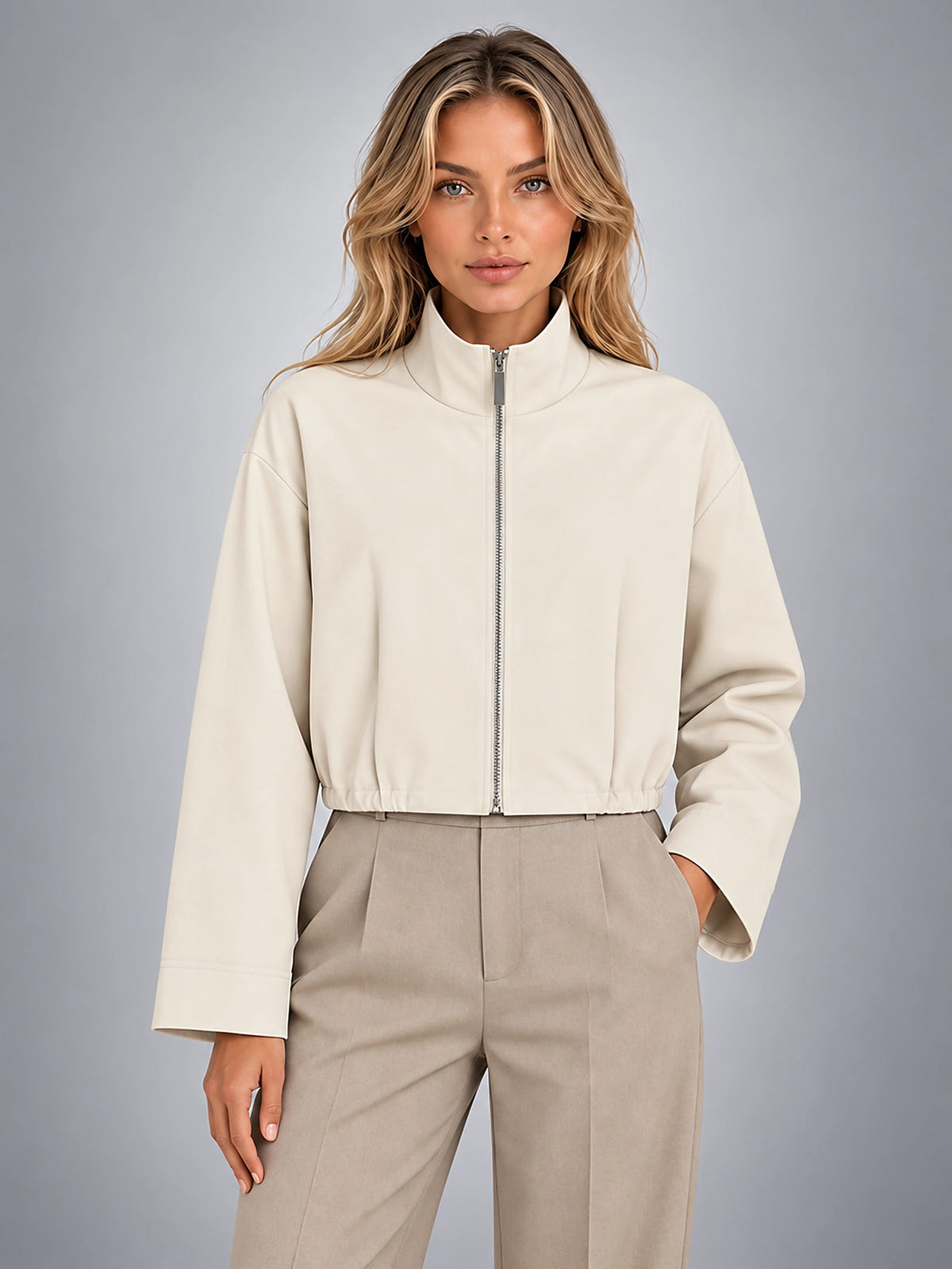 Women's Cropped Bomber Jacket – Funnel Neck Zip Front - Ivory