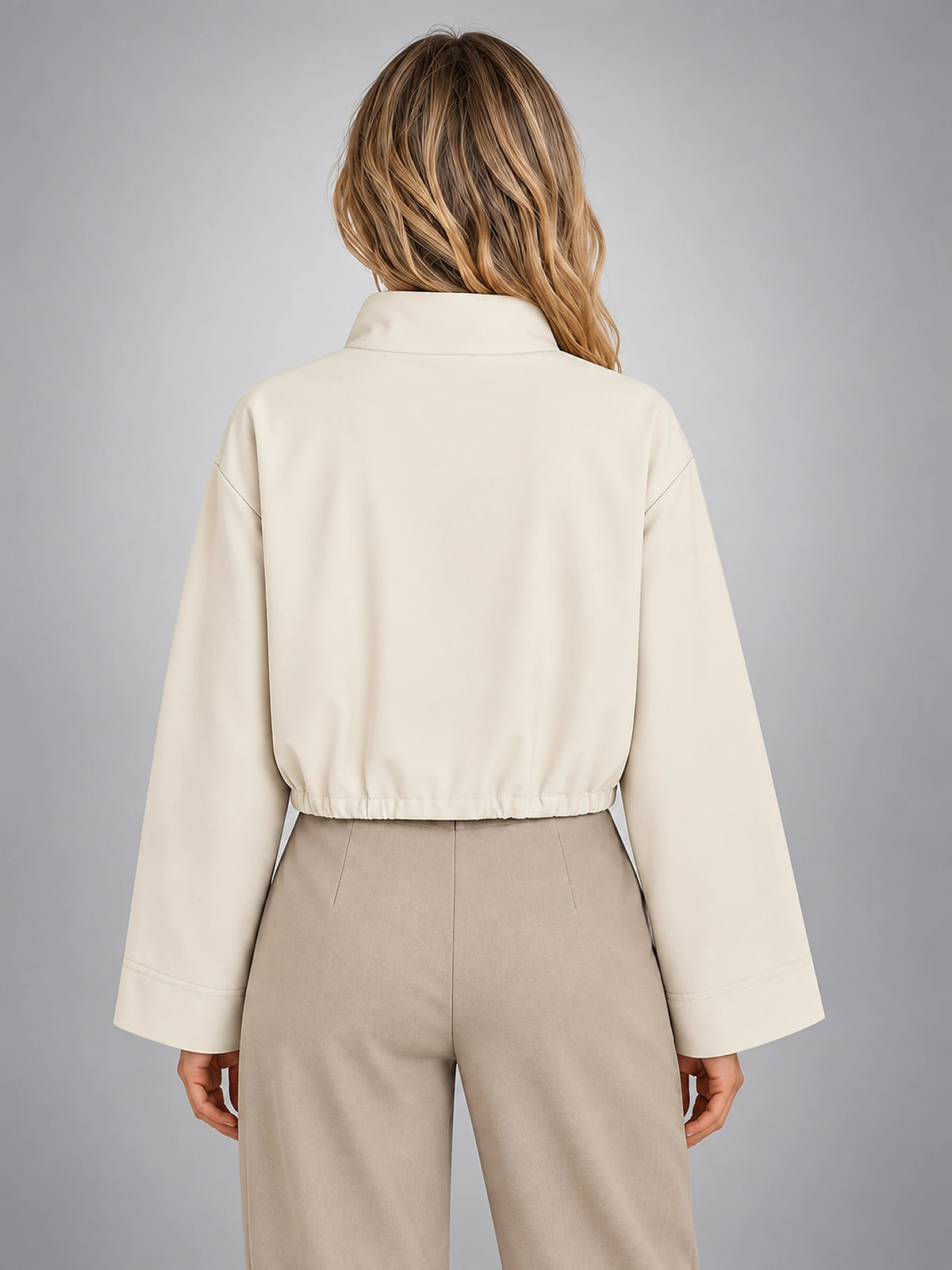 Women's Cropped Bomber Jacket – Funnel Neck Zip Front - Ivory