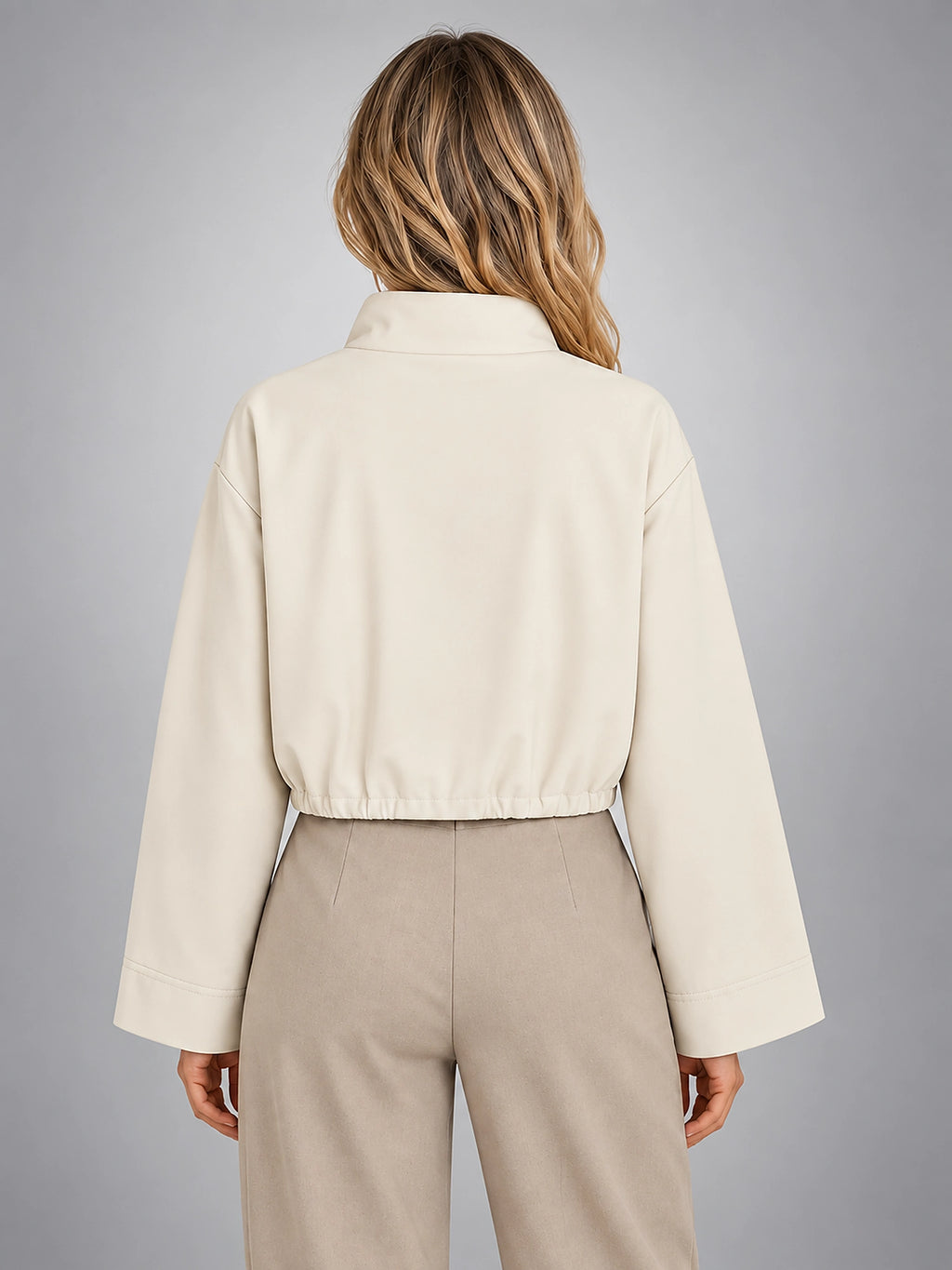 Women's Cropped Bomber Jacket – Funnel Neck Zip Front - Ivory