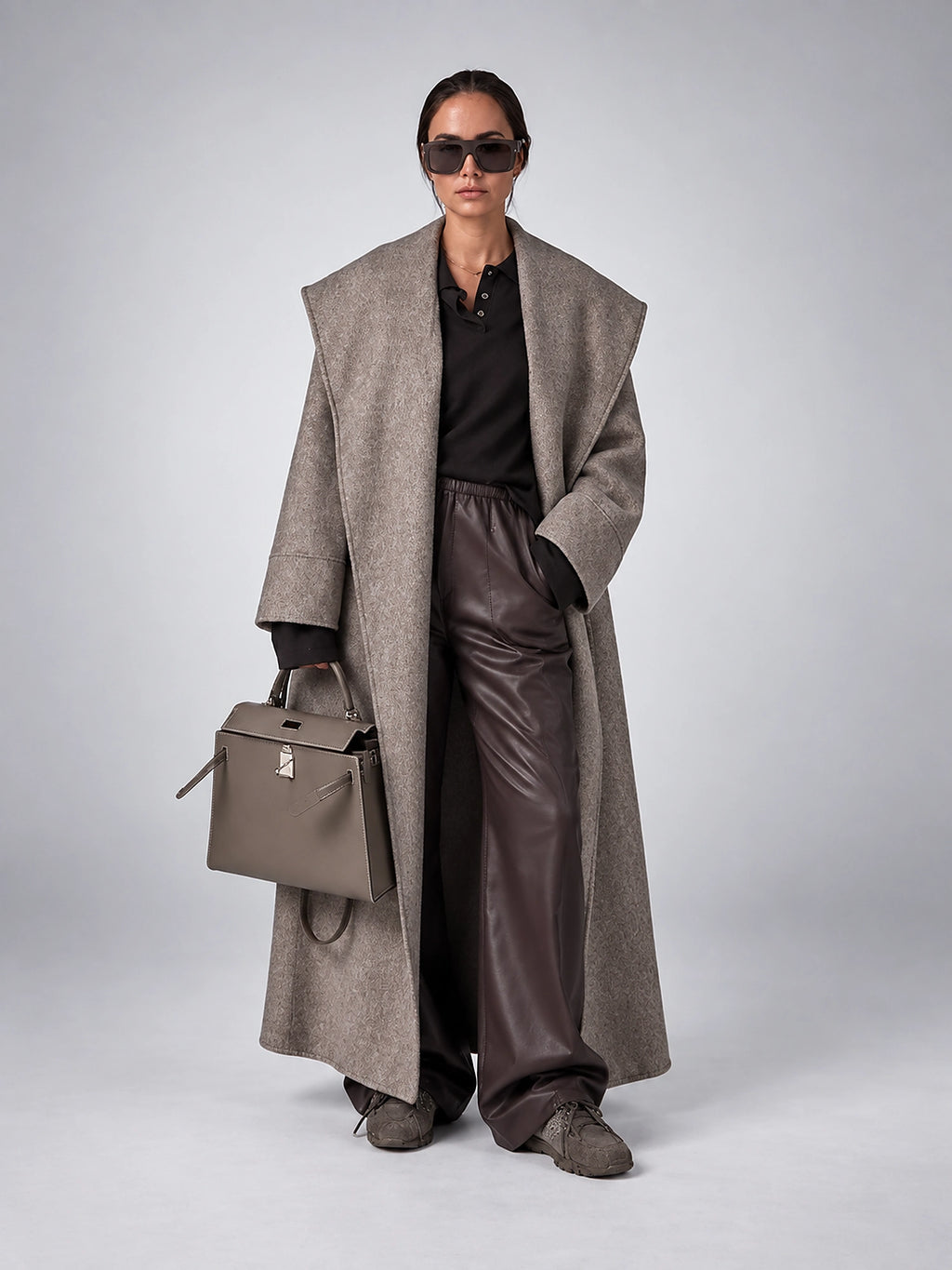 Women's Wool Blend Long Coat – Oversized Shawl Collar - Taupe