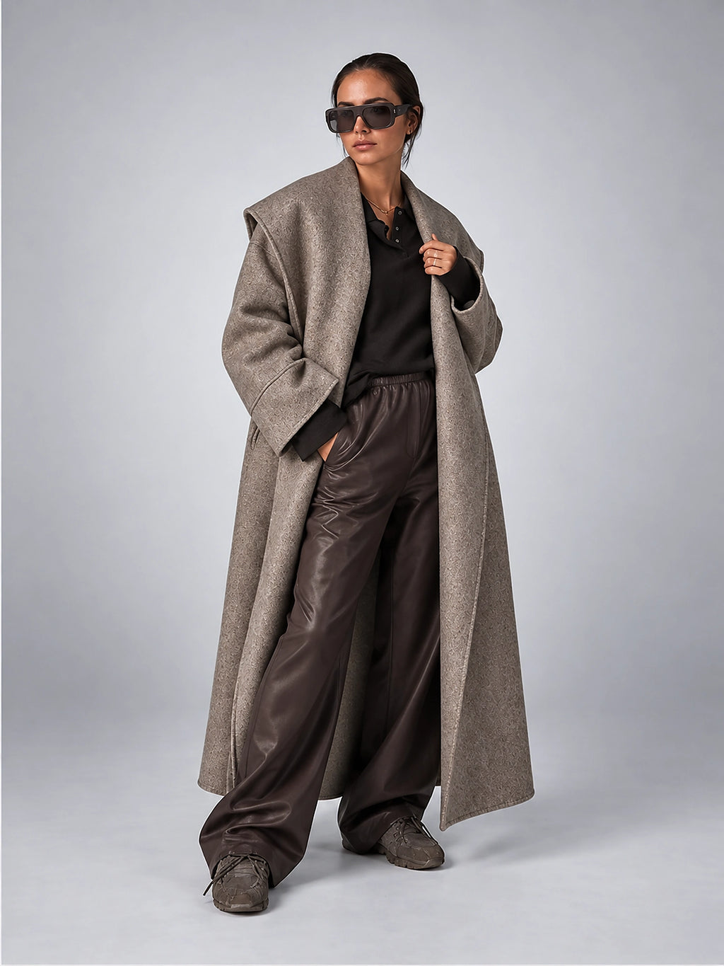 Women's Wool Blend Long Coat – Oversized Shawl Collar - Taupe