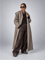 Women's Wool Blend Long Coat – Oversized Shawl Collar - Taupe