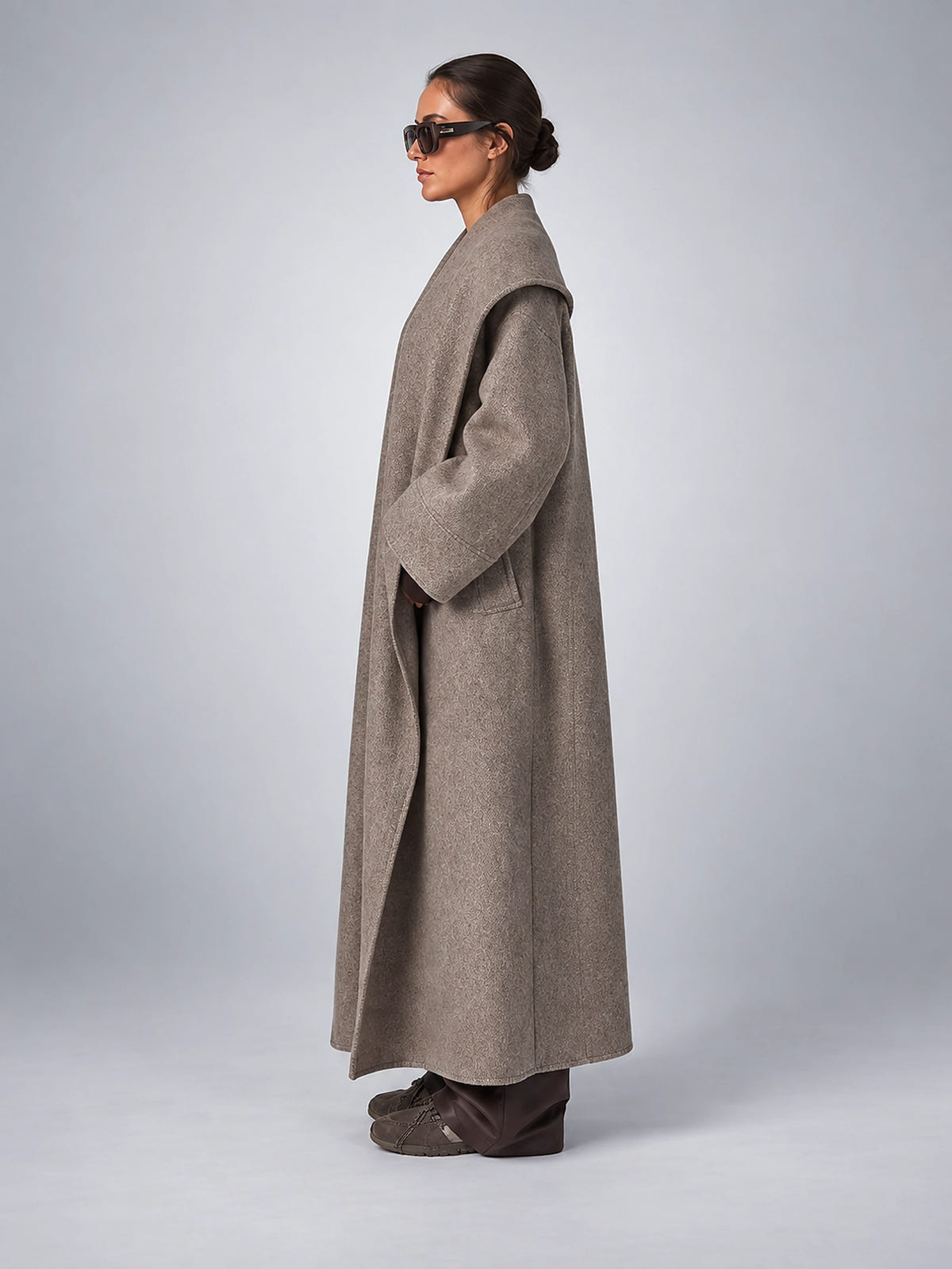 Women's Wool Blend Long Coat – Oversized Shawl Collar - Taupe