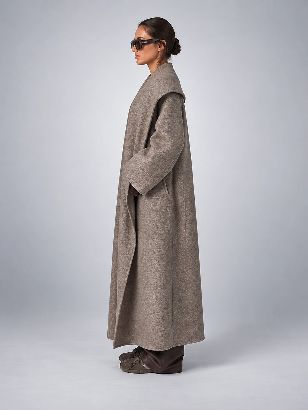 Women's Wool Blend Long Coat – Oversized Shawl Collar - Taupe