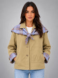 Women's Plaid Trim Jacket – Removable Scarf Collar - Khaki
