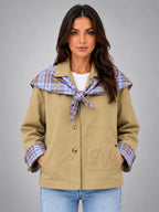 Women's Plaid Trim Jacket – Removable Scarf Collar - Khaki