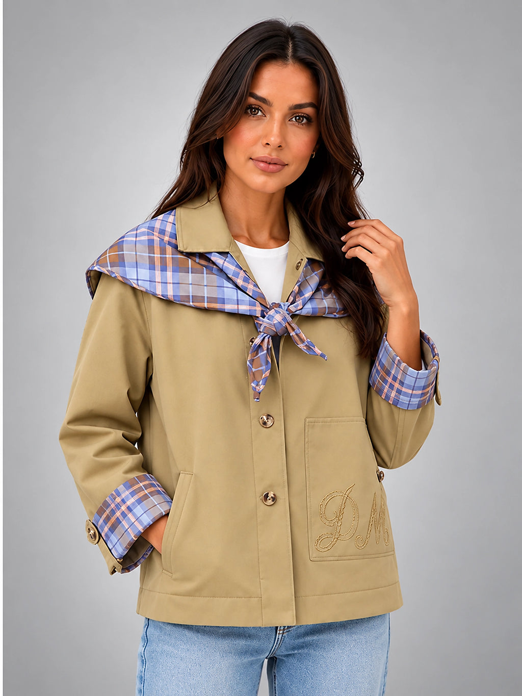 Women's Plaid Trim Jacket – Removable Scarf Collar - Khaki