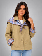 Women's Plaid Trim Jacket – Removable Scarf Collar - Khaki