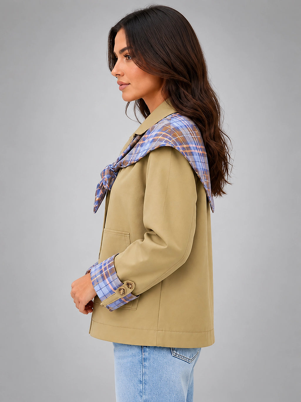 Women's Plaid Trim Jacket – Removable Scarf Collar - Khaki