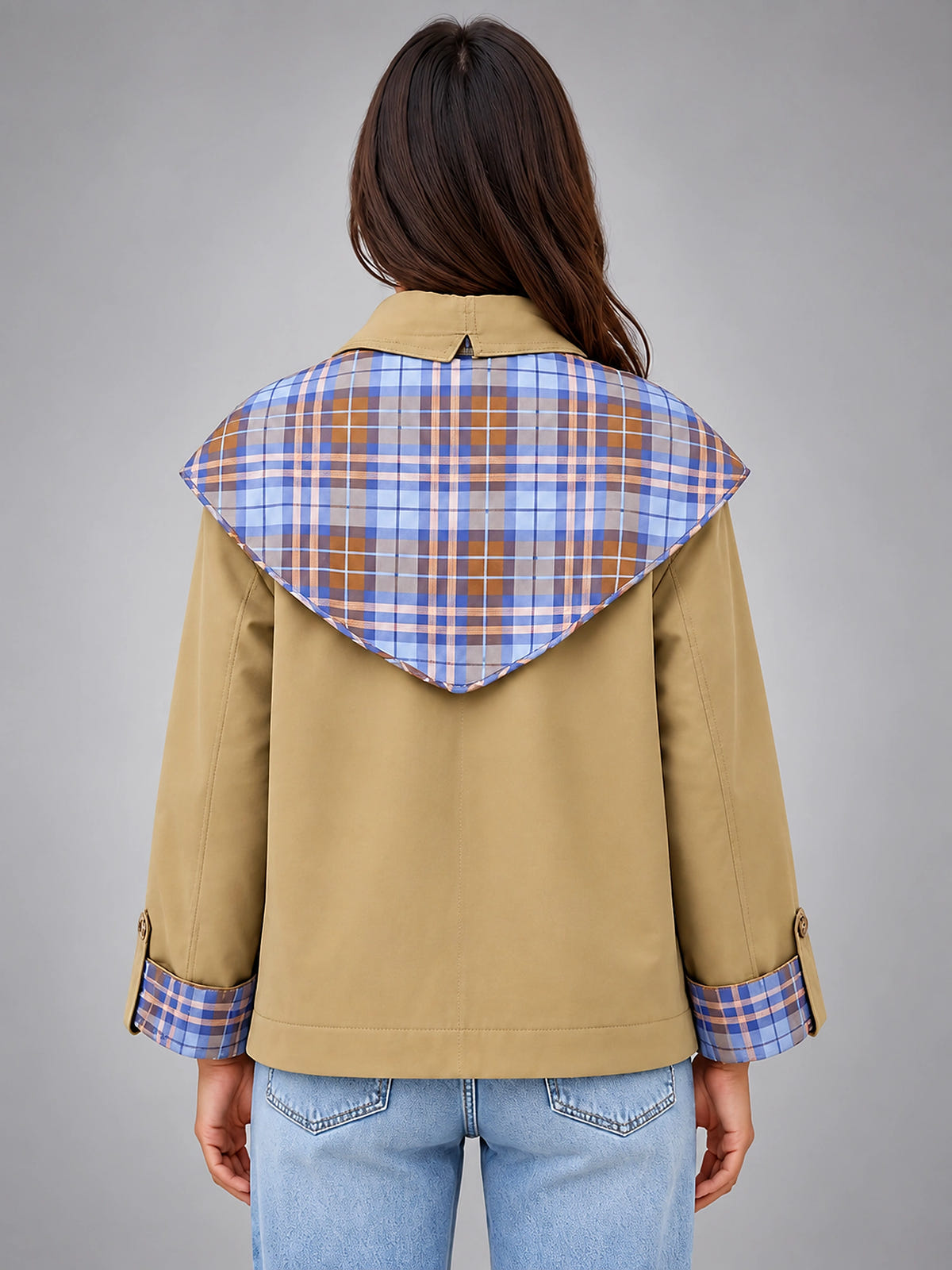 Women's Plaid Trim Jacket – Removable Scarf Collar - Khaki