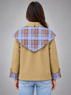 Women's Plaid Trim Jacket – Removable Scarf Collar - Khaki