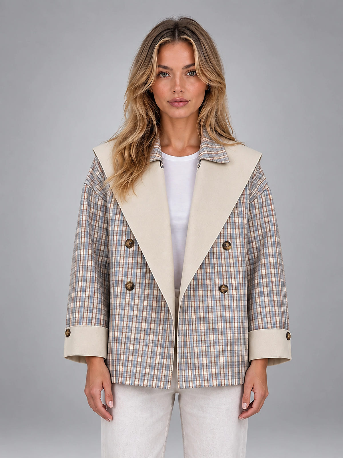 Women's Reversible Plaid Jacket – Contrast Shawl Lapel - Taupe Plaid