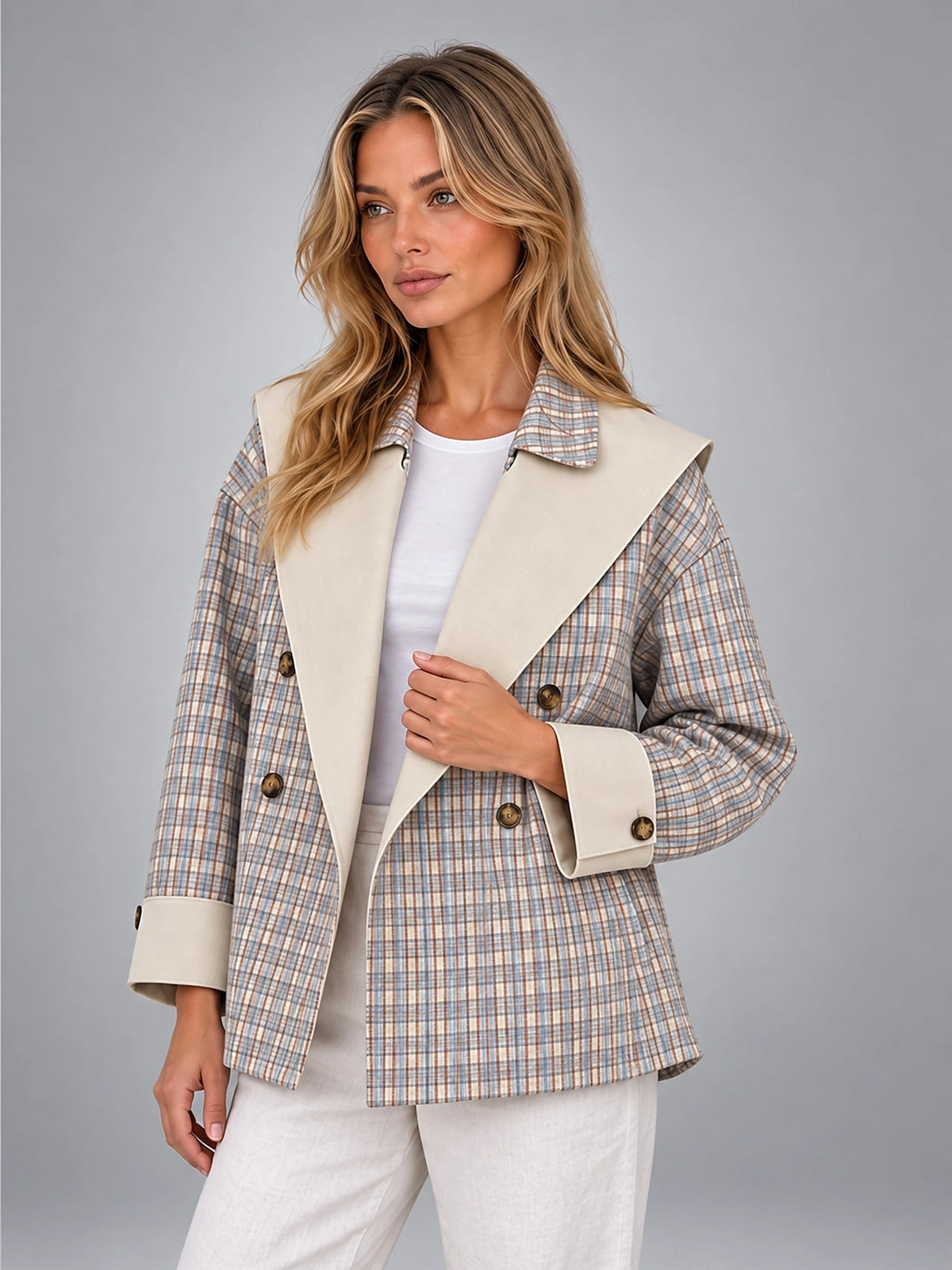 Women's Reversible Plaid Jacket – Contrast Shawl Lapel - Taupe Plaid