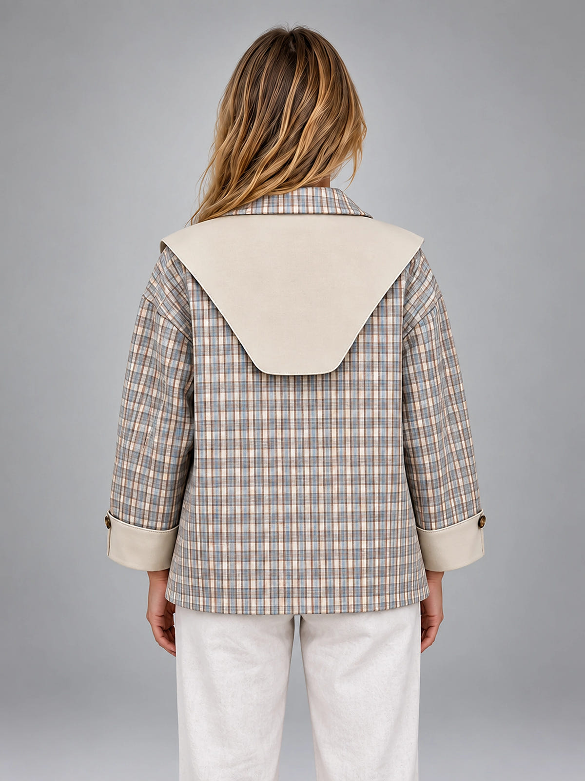 Women's Reversible Plaid Jacket – Contrast Shawl Lapel - Taupe Plaid