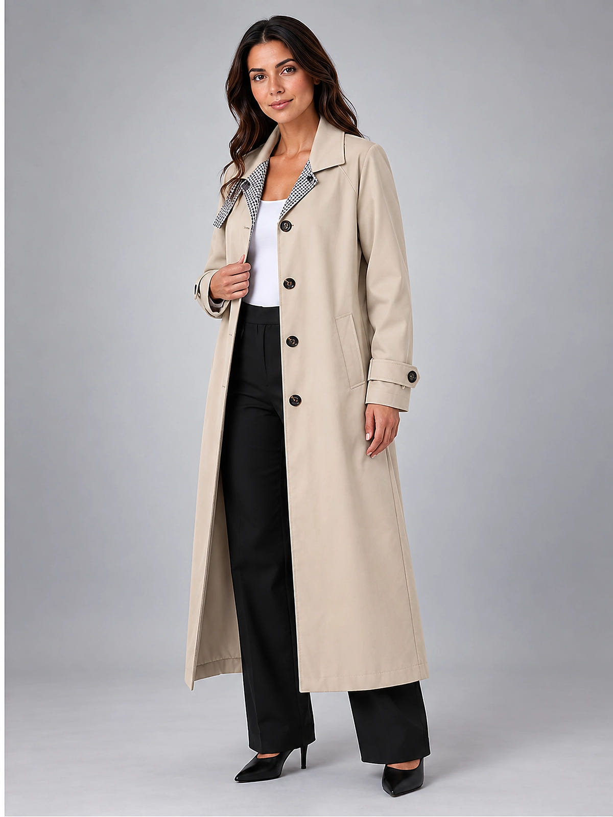 Women's Long Trench Coat – Single Breasted Relaxed - Khaki