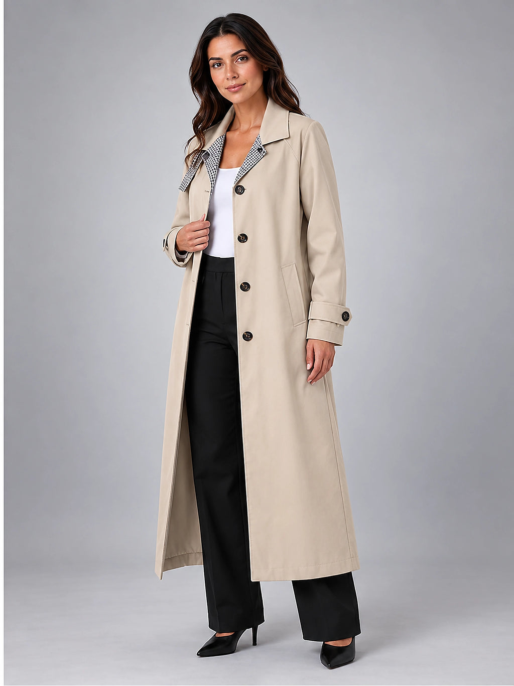 Women's Long Trench Coat – Single Breasted Relaxed - Khaki