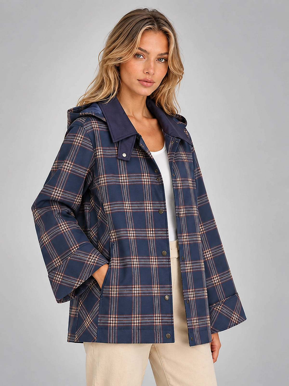 Women's Plaid Swing Jacket – Hooded Shoulder Flare - Navy Plaid