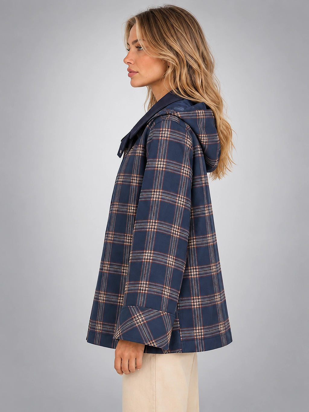 Women's Plaid Swing Jacket – Hooded Shoulder Flare - Navy Plaid