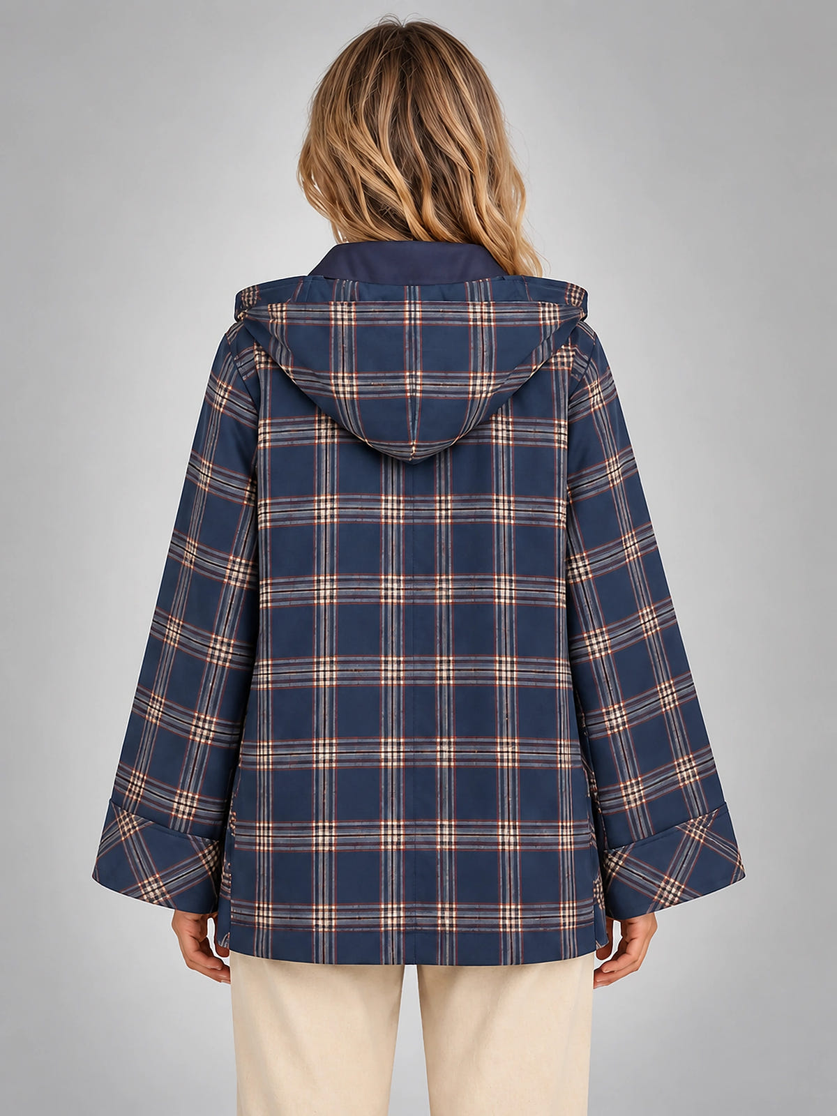 Women's Plaid Swing Jacket – Hooded Shoulder Flare - Navy Plaid