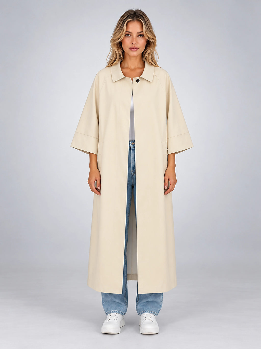 Women's Short Sleeve Trench Coat – Stand Collar - Ivory