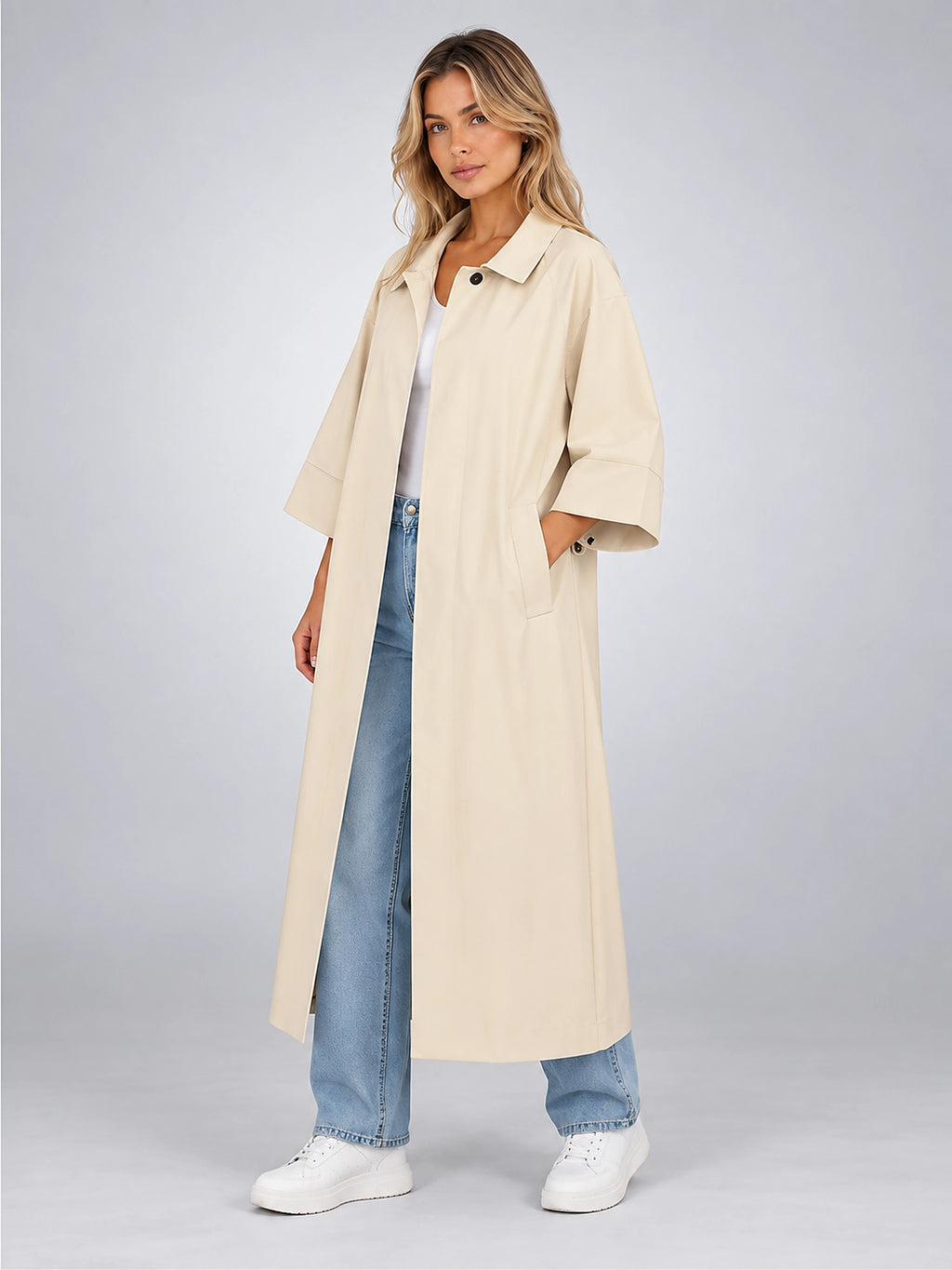 Women's Short Sleeve Trench Coat – Stand Collar - Ivory