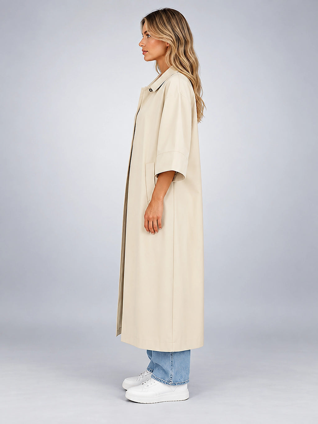 Women's Short Sleeve Trench Coat – Stand Collar - Ivory