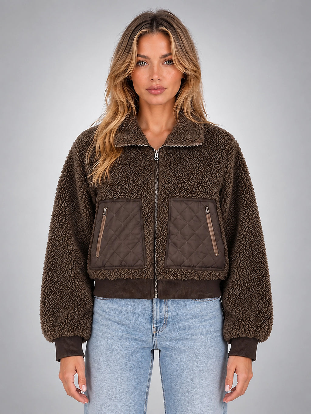 Women's Faux Shearling Jacket – Cropped Quilted Zip - Brown