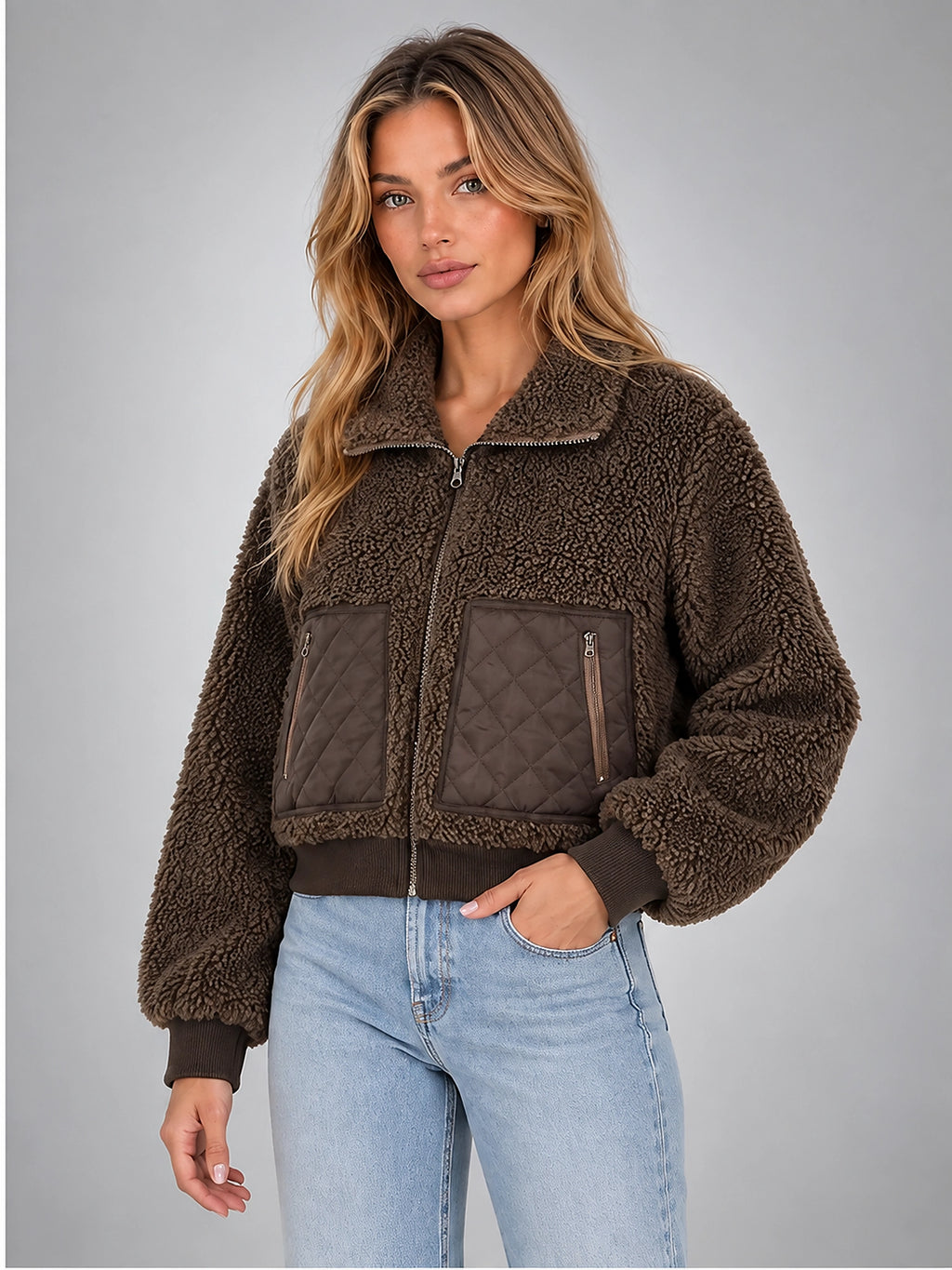 Women's Faux Shearling Jacket – Cropped Quilted Zip - Brown