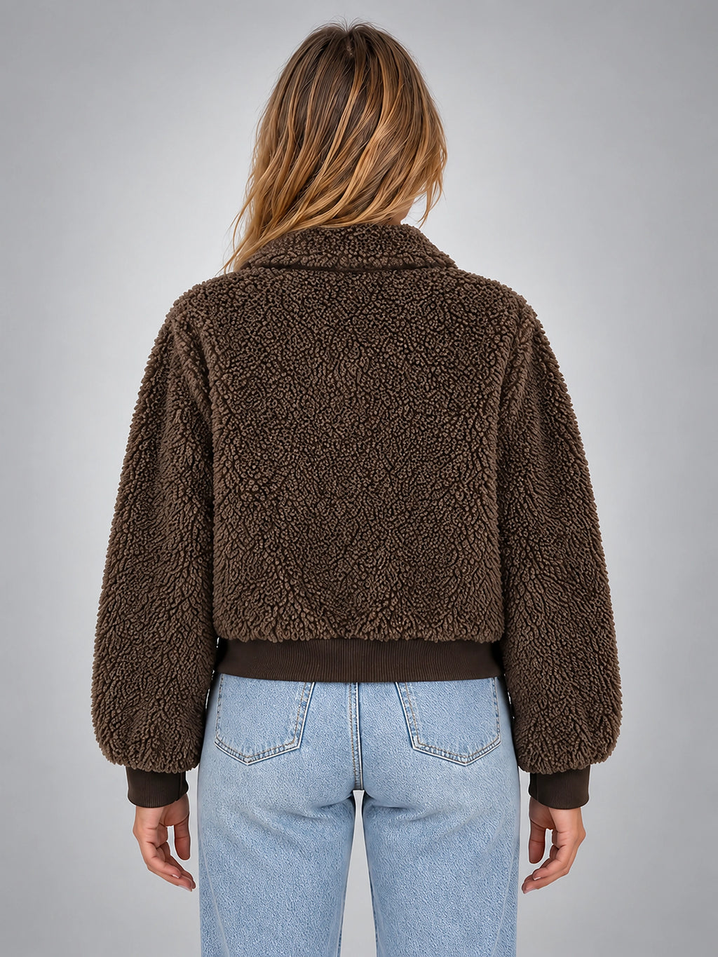 Women's Faux Shearling Jacket – Cropped Quilted Zip - Brown
