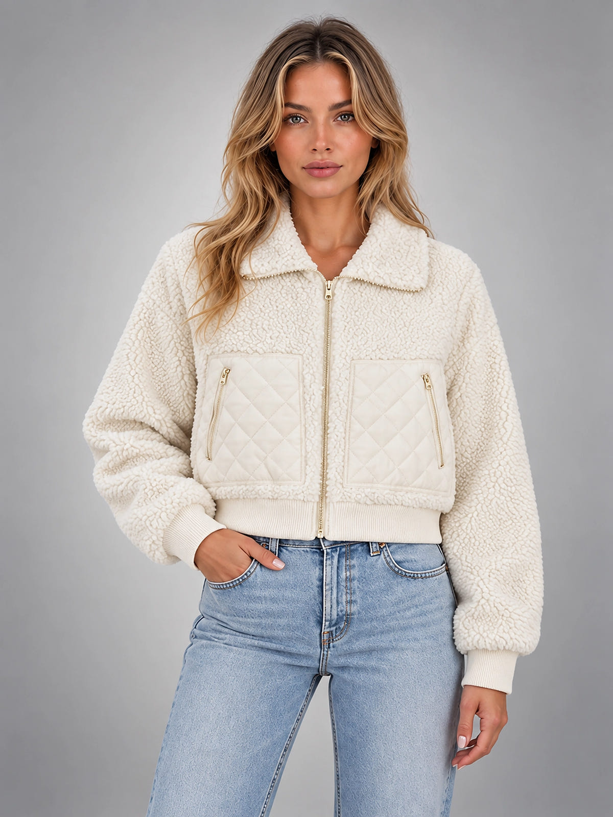 Women's Faux Shearling Jacket – Cropped Quilted Zip - Ivory