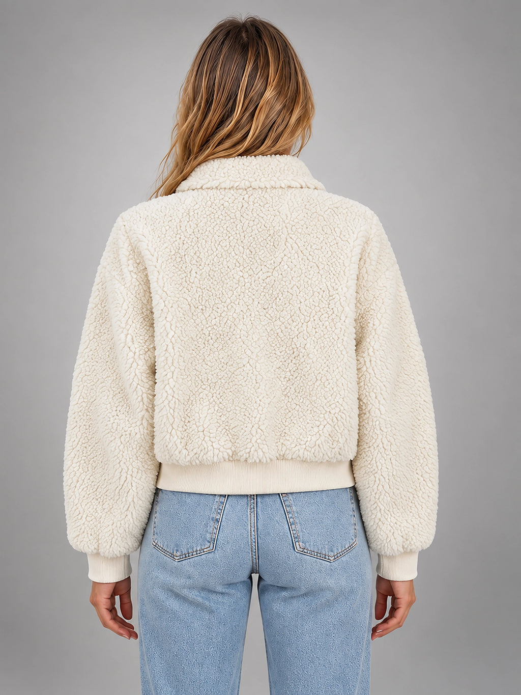Women's Faux Shearling Jacket – Cropped Quilted Zip - Ivory
