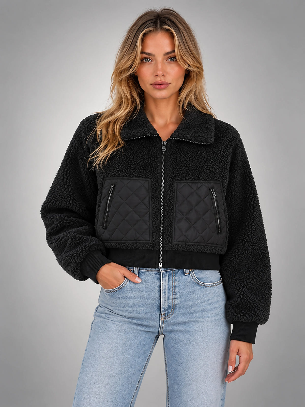 Women's Faux Shearling Jacket – Cropped Quilted Zip - Black