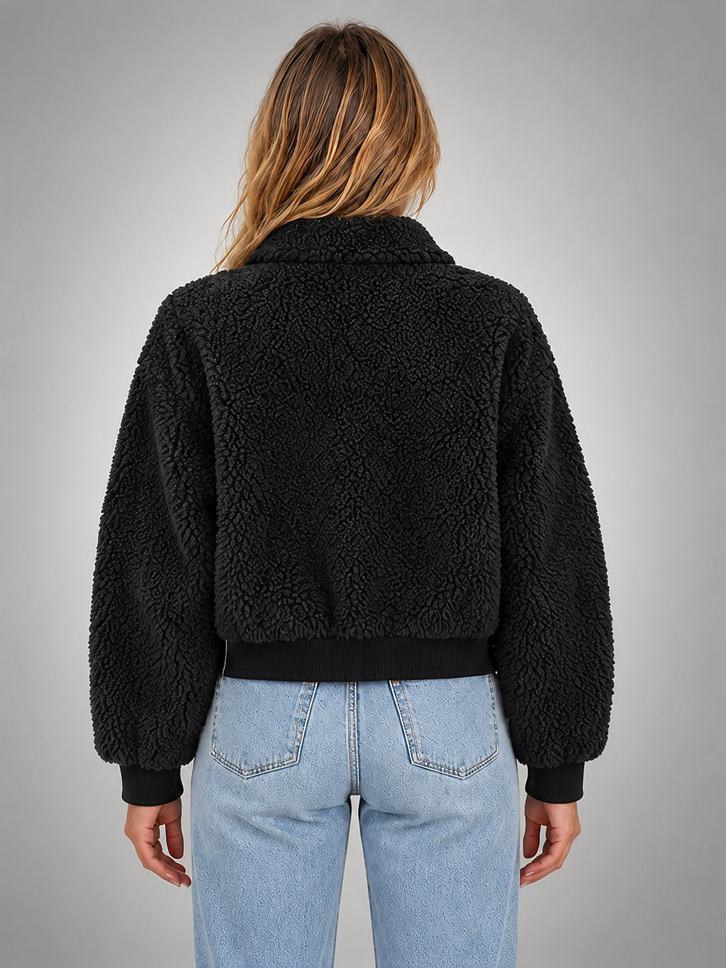 Women's Faux Shearling Jacket – Cropped Quilted Zip - Black