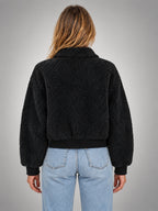 Women's Faux Shearling Jacket – Cropped Quilted Zip - Black