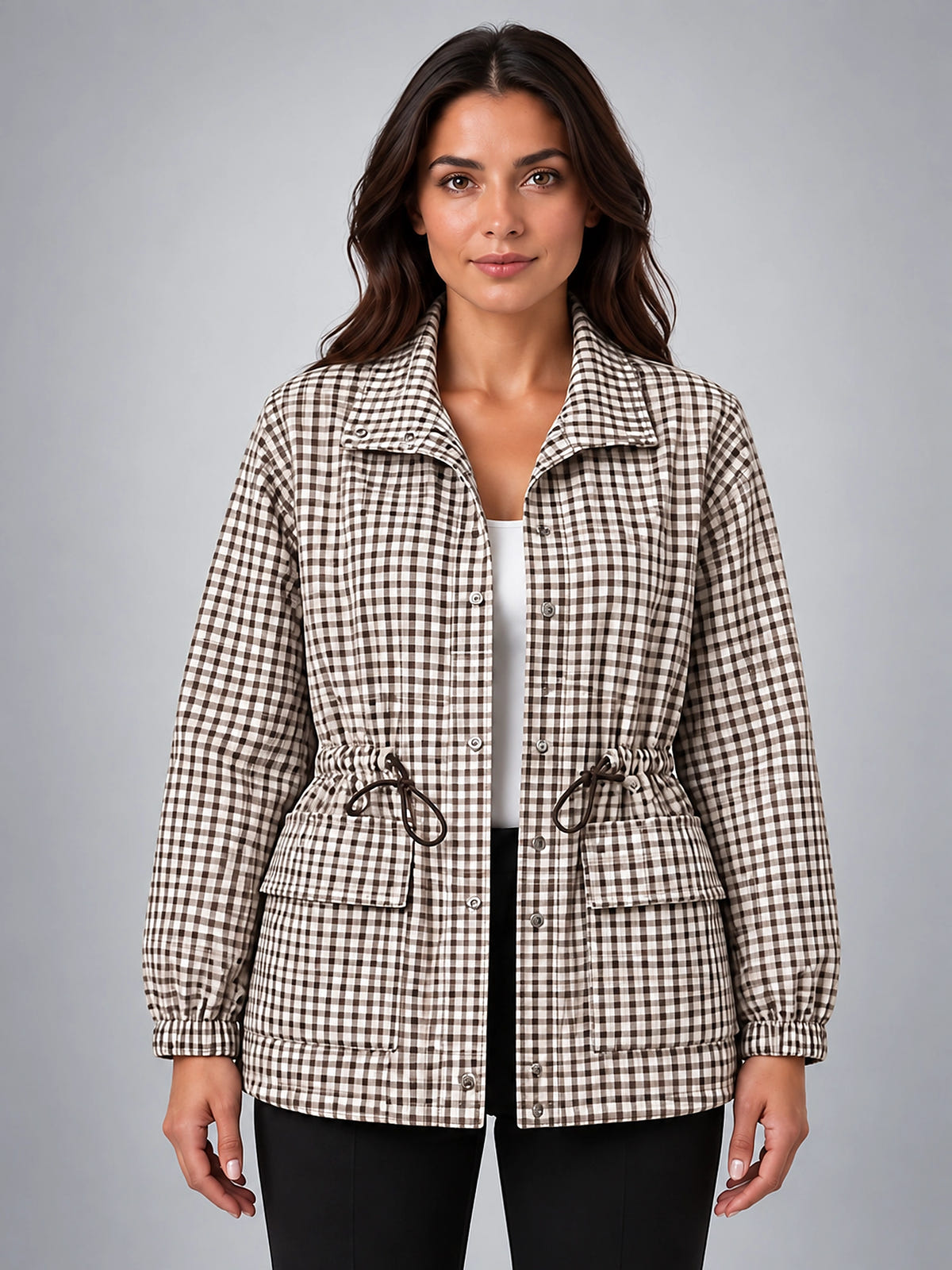 Women's Gingham Jacket – Drawstring Waist Detail - Khaki Plaid