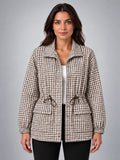 Women's Gingham Jacket – Drawstring Waist Detail - Khaki Plaid
