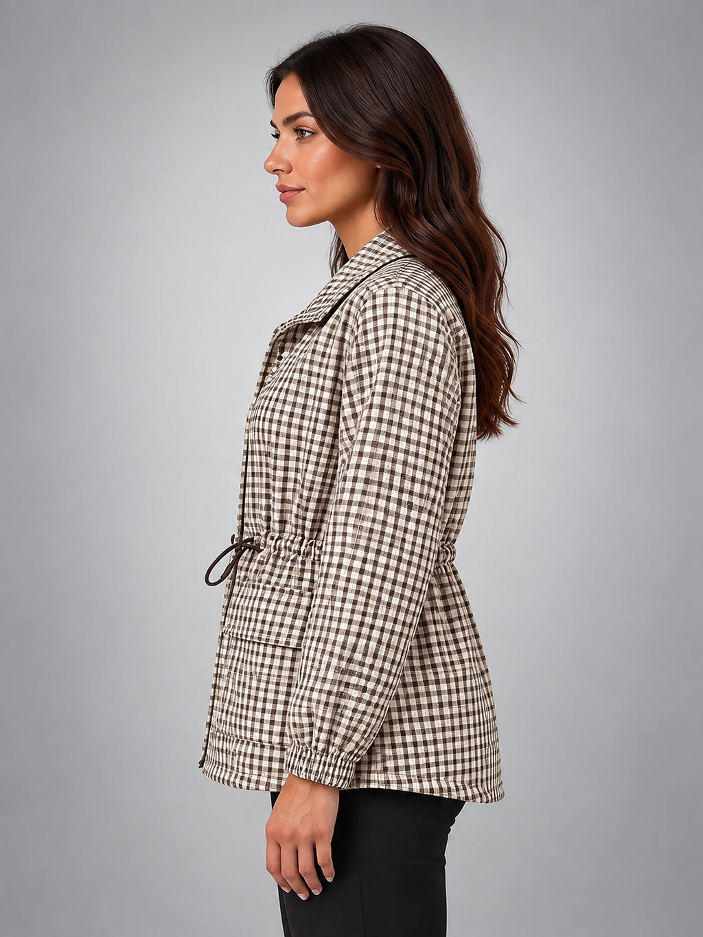 Women's Gingham Jacket – Drawstring Waist Detail - Khaki Plaid