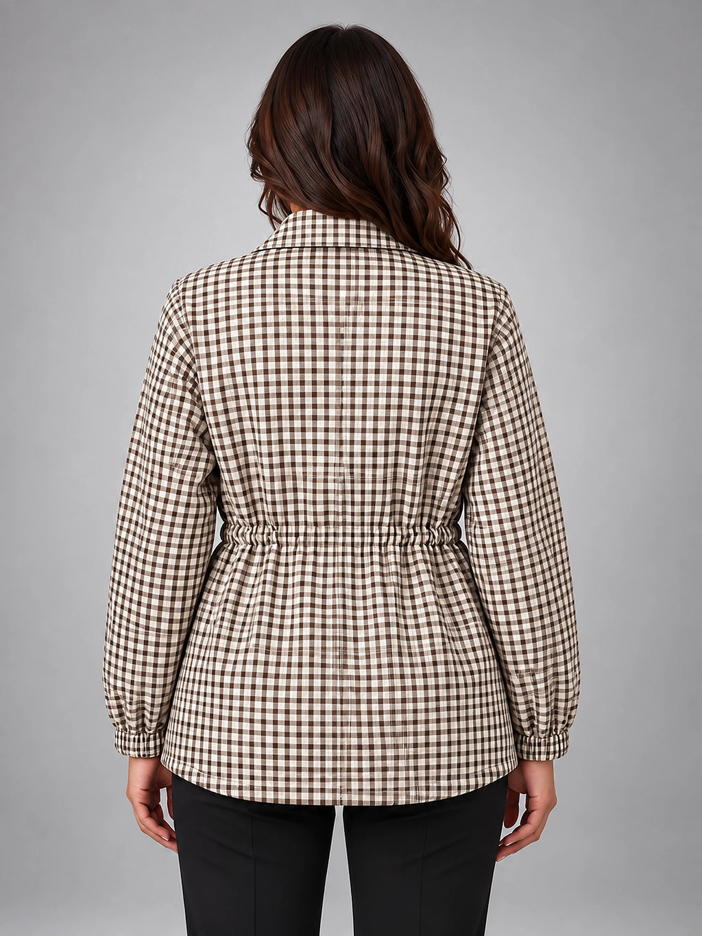 Women's Gingham Jacket – Drawstring Waist Detail - Khaki Plaid
