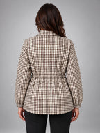 Women's Gingham Jacket – Drawstring Waist Detail - Khaki Plaid