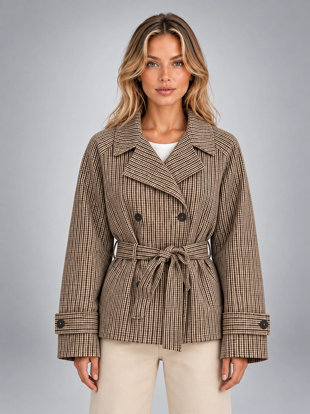 Women's Plaid Jacket – Belted Double Breasted - Taupe Plaid