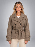 Women's Plaid Jacket – Belted Double Breasted - Taupe Plaid