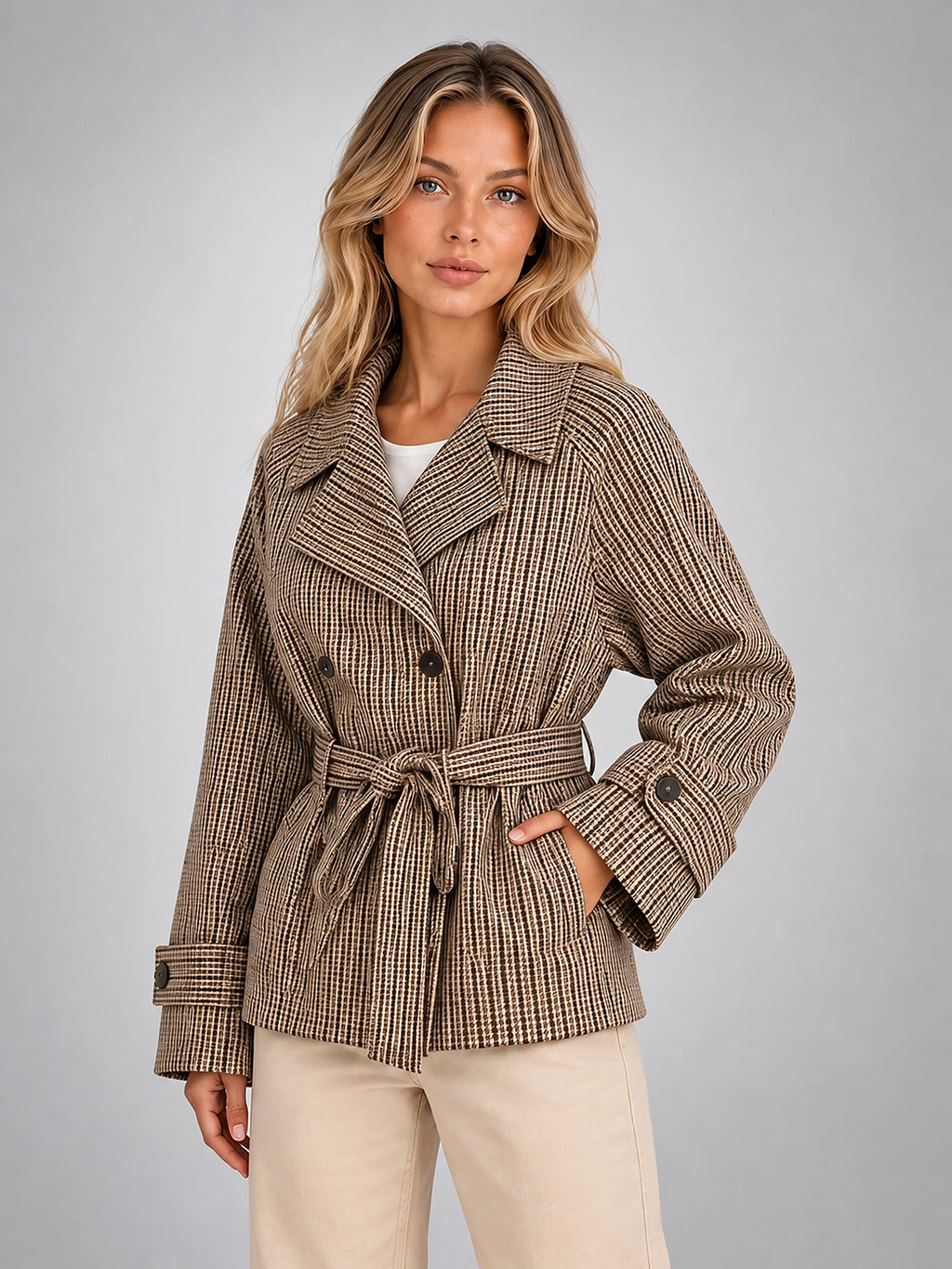 Women's Plaid Jacket – Belted Double Breasted - Taupe Plaid