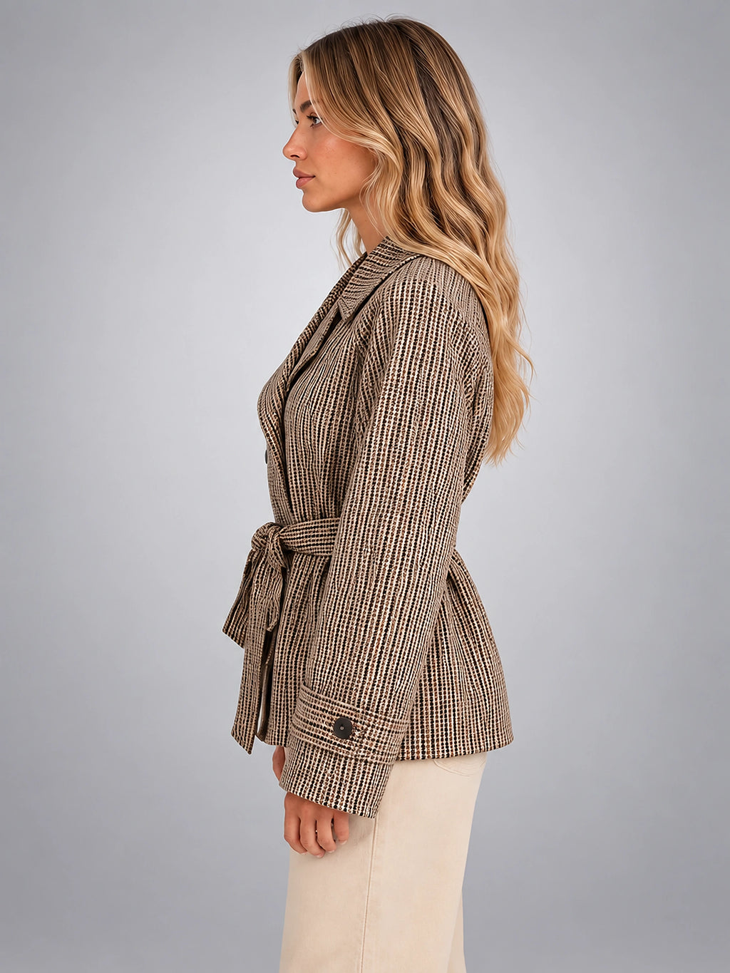 Women's Plaid Jacket – Belted Double Breasted - Taupe Plaid