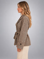 Women's Plaid Jacket – Belted Double Breasted - Taupe Plaid