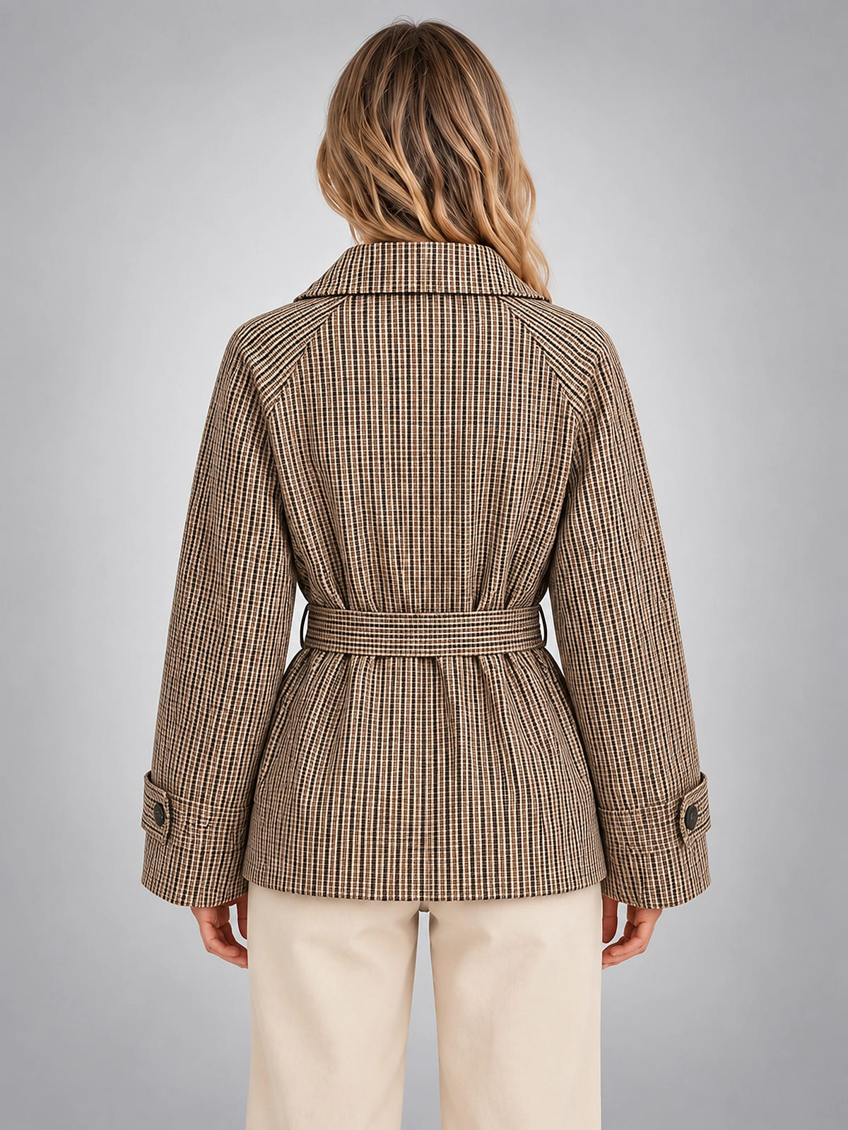 Women's Plaid Jacket – Belted Double Breasted - Taupe Plaid