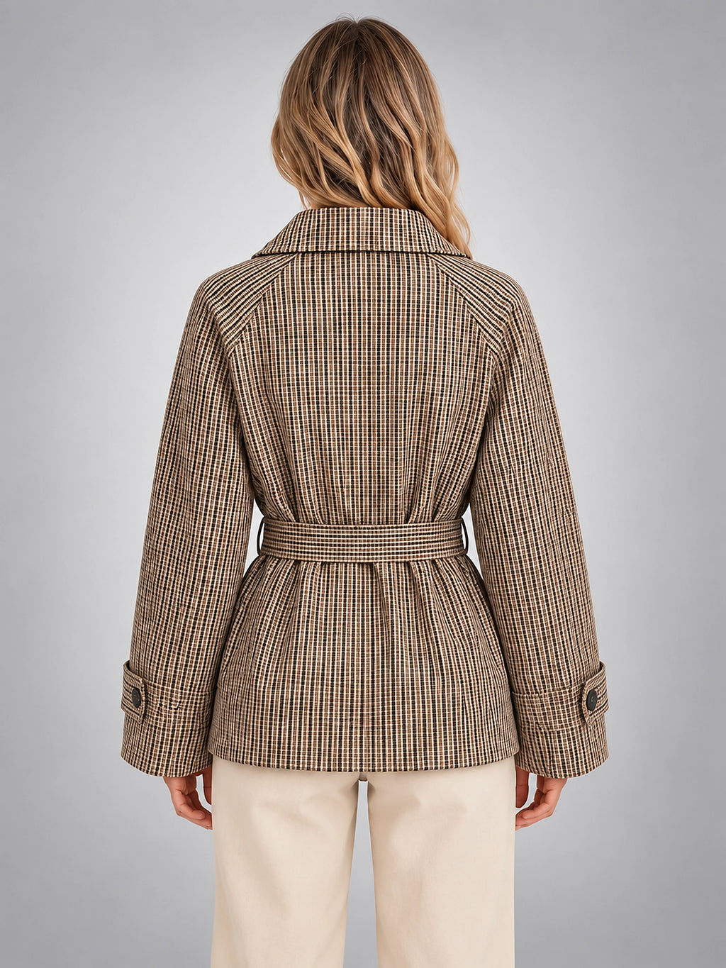 Women's Plaid Jacket – Belted Double Breasted - Taupe Plaid